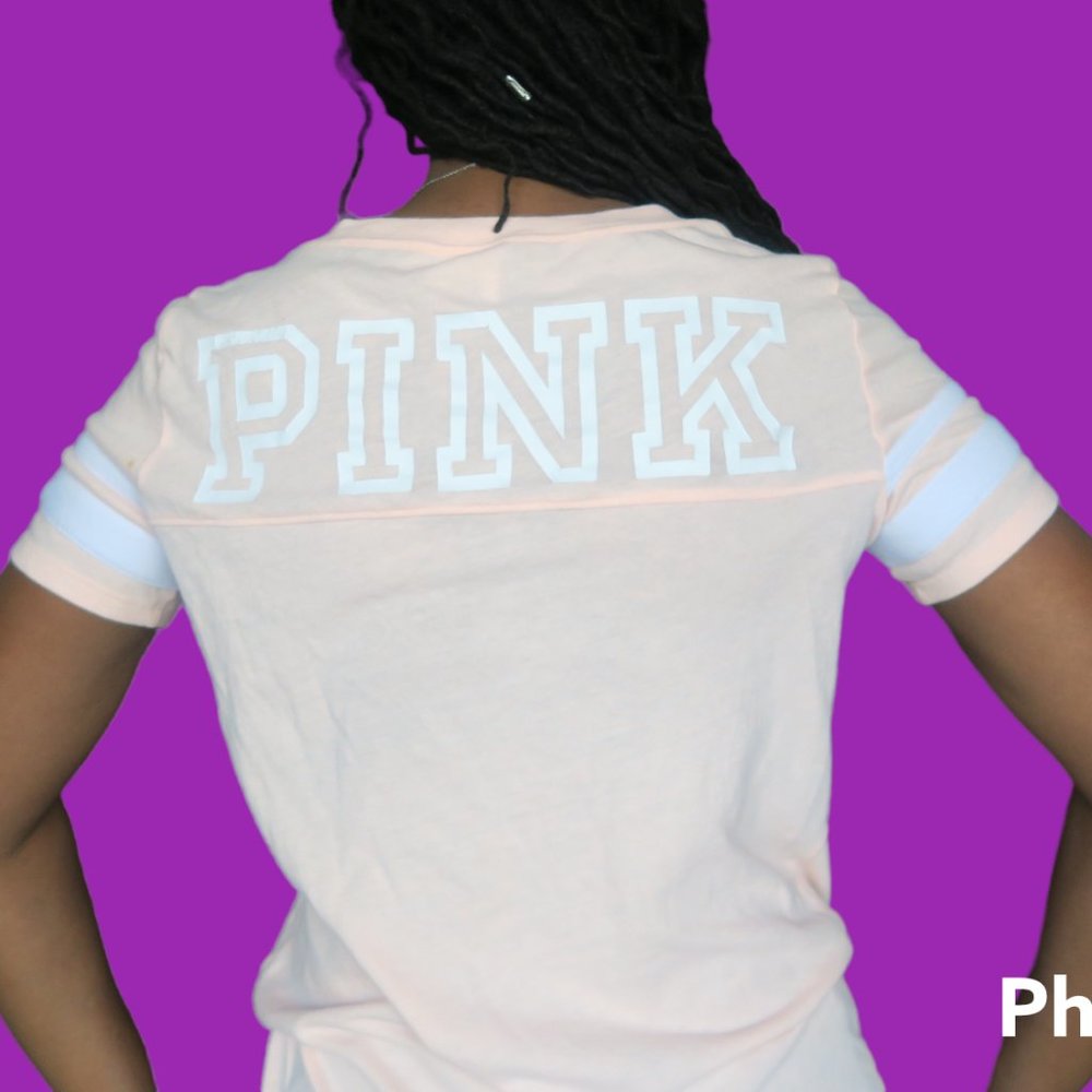 PINK Victoria's Secret short sleeve "pink" tab in left chest stripes on sleeves